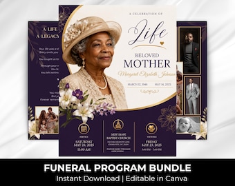 purple and Gold Funeral Program Bundle Template | In Loving Memory Obituary Booklet (Digital Download)
