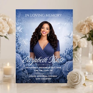 blue Roses Funeral Program Template: 8-Page Memorial (Canva, Digital Download)