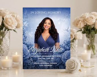 Blue Roses Funeral Program Template: 8-Page Memorial (Canva, Digital Download)