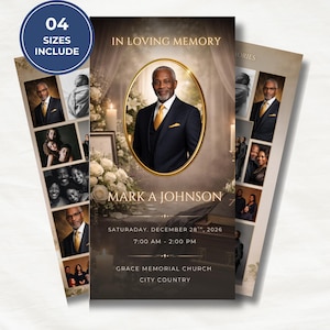 May include: A funeral memorial card design featuring a portrait in a gold frame, with the text "IN LOVING MEMORY" and the name "MARK A JOHNSON". The card includes additional photos and event details. The design includes flowers and candles.