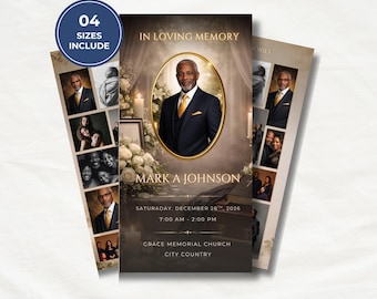 white & Gold Trifold Funeral Program Template: 6-Page Memorial (Canva, Digital Download)