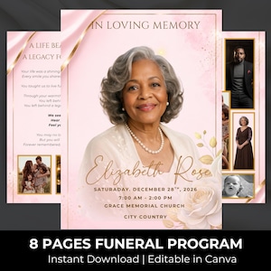 Può includere: Un modello di programma funebre con un ritratto di una donna sorridente, Elizabeth Rose, e il testo "In Loving Memory". Il design presenta uno sfondo rosa tenue con accenti dorati ed elementi floreali. Include i dettagli dell'evento.