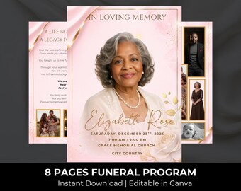 Pink and gold Funeral Program Template: 8-Page Memorial (Canva, Digital Download)