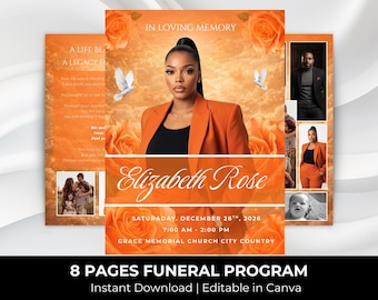Orange Roses Funeral Program Template: 8-Page Memorial (Canva, Digital Download)