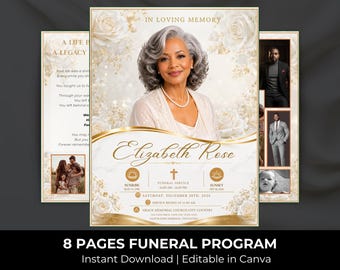 White & Gold Funeral Program Template: 8-Page Memorial (Canva, Digital Download)