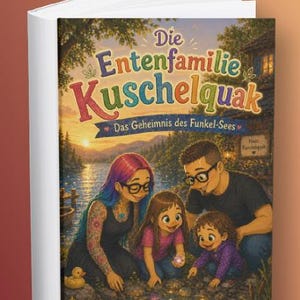 Könnte beinhalten: Ein Hardcover-Buch mit dem Titel "Die Entenfamilie Kuschelquak", das eine vierköpfige Familie an einem See zeigt. Das Cover zeigt eine Familie, die sich leuchtende Kugeln im Wasser ansieht, mit einer Spielzeugente in der Nähe. Das Buch hat ein farbenfrohes, illustriertes Cover.