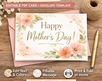 Printable Mother's Day Card | Fillable Floral PDF (5x7 Digital Download) With Envelope Template
