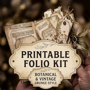 May include: A printable folio kit featuring botanical and vintage grunge style elements. The kit includes paper tags, journal cards, and labels with text such as Botanical Studies, Collected Pieces, 12 Laebels, and 6 Journal Cards on aged paper.