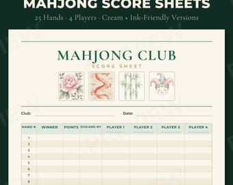 May include: A printable Mahjong score sheet featuring the text Mahjong Club Score Sheet. The design includes four illustrations: a pink flower, a red dragon, green bamboo stalks, and a jester face. It has columns for hand number, winner, points, discard by, and four players.