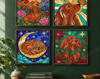 May include: Four square wall art prints featuring stained glass style illustrations of brown dachshunds. One shows a dog with flowers and butterflies, another with a butterfly, one curled on a crescent moon, and one with poinsettias and stars.