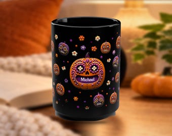 Large Personalized Halloween Gift Mug Custom Fall Host Present, Day of Dead Skull Pumpkin, Dia de Muertos Coffee Cup, Spooky Drinkware Decor