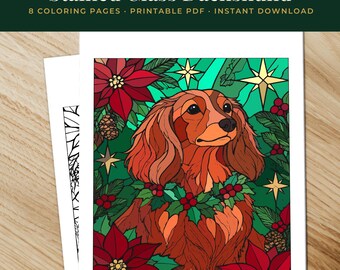 Stained Glass Dachshund Coloring Pages, Printable Dog Lover Coloring Book PDF, Long Haired Weiner Dog Gift for Adults, Instant Download