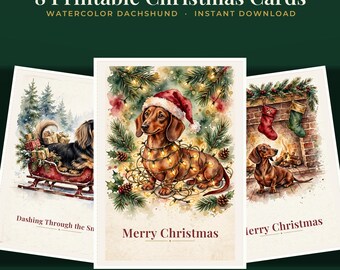 Dachshund Christmas Cards Printable Set of 8, Watercolor Dog Christmas Cards, Instant Download Folded Cards 5x7 and A2, Wiener Dog Card PDF
