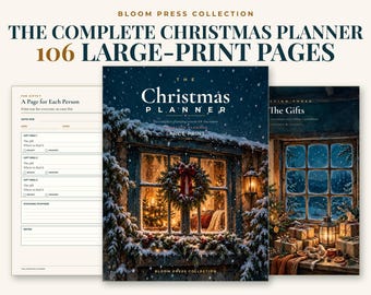 May include: A Christmas planner book titled The Christmas Planner with 106 large-print pages. The cover features a snowy window with a wreath and lantern. Included are interior pages with gift tracking lists, labeled A Page for Each Person, and a section titled The Gifts.