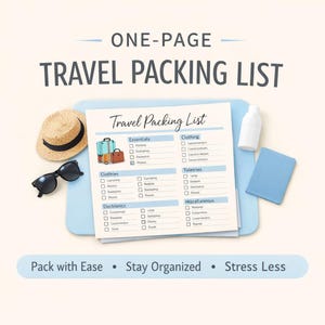 May include: A travel packing list with a straw hat, sunglasses, and a small bottle. The list is on a light blue background with the text "ONE-PAGE TRAVEL PACKING LIST". The list includes sections for essentials, clothing, toiletries, electronics, and miscellaneous items.