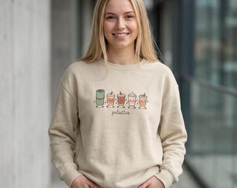 Pilates Sweatshirt, Coffee Lover Gift, Latte Crewneck Pullover, Cute Kawaii Cartoon Apparel, Cozy Workout Top, Cafe Gym Outfit, Yoga Wear