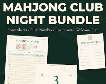 May include: A printable Mahjong Club Night bundle featuring a score sheet, a table number card with the number 3, and an invitation card. The stationery set includes cream-colored paper with dark green text and floral illustrations.