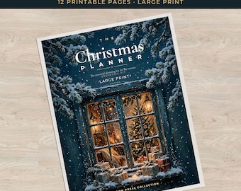 May include: A Christmas planner with 12 printable pages in large print. The cover features a dark blue snowy scene of a window looking into a room with a decorated Christmas tree and wrapped gifts. Text reads The Christmas Planner.
