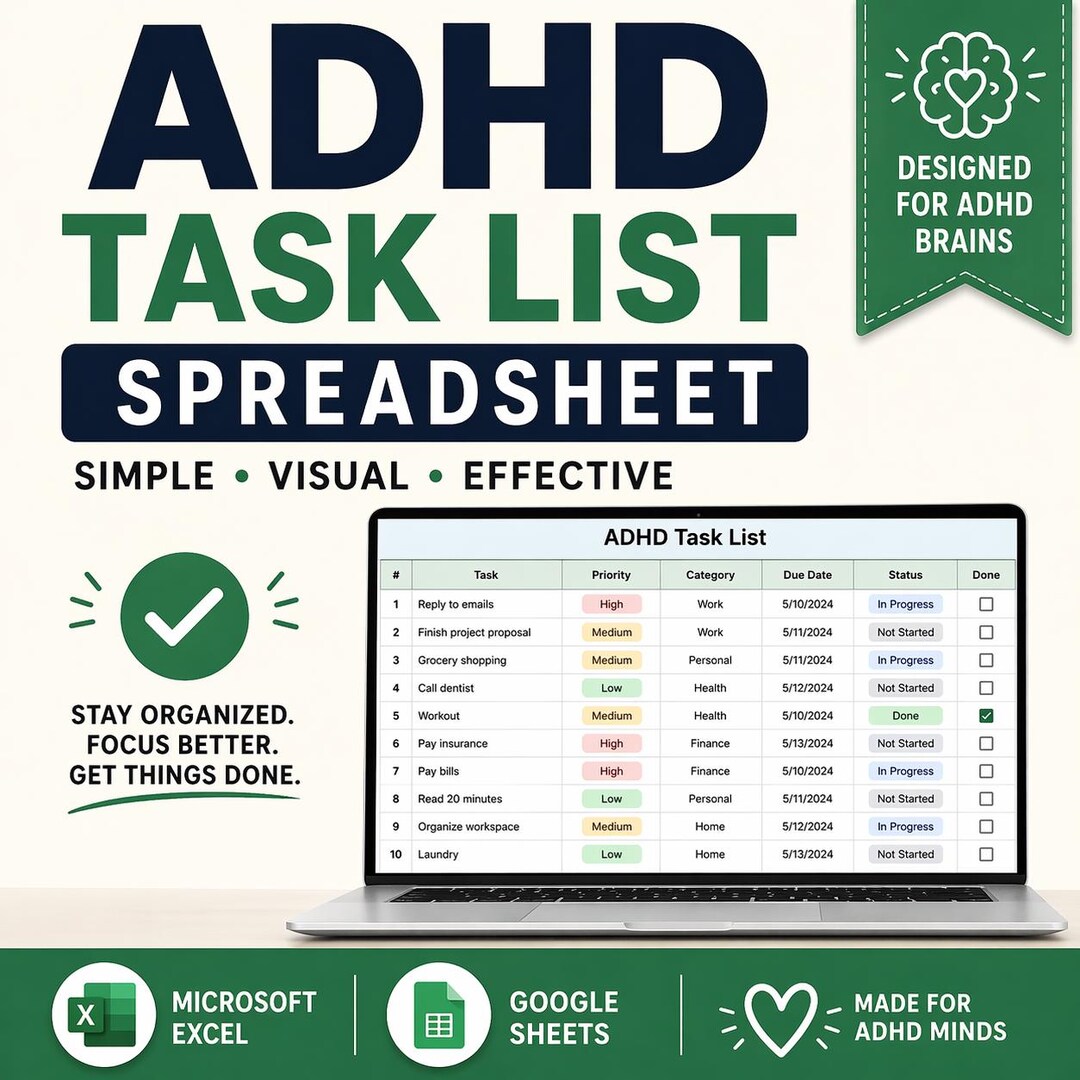 ADHD Productivity Spreadsheet | Excel, Google Sheets Task Planner ...