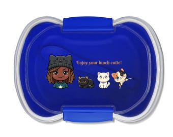 Fiambrera de dos niveles con cuchara y diseño de gato Kawaii, color azul.