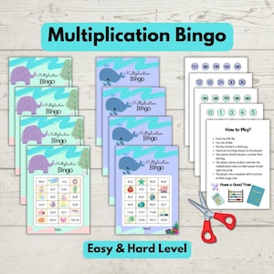 May include: A set of Multiplication Bingo game cards with an easy and hard level. The cards feature illustrations of an elephant and a whale, with the text "Multiplication Bingo". The game includes number cards, instructions, and scissors.