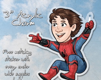 Peter Parker Spiderman acrylic charm keychain with white keychain attachment