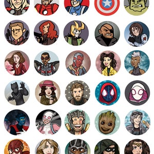 May include: A collection of 36 colorful cartoon character illustrations of popular superheroes and villains. Each character is depicted in a circular frame against a white background.