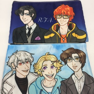 May include: Two zippered pouches with anime-style illustrations. The first pouch is blue with a dark blue background and features two characters with the text "R.F.A." The second pouch is blue with a light blue background and features three characters.
