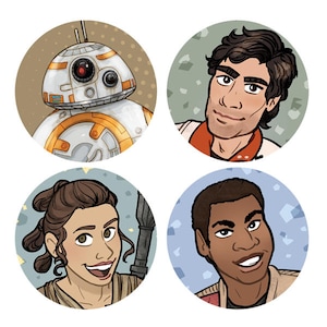May include: Four round illustrations of characters from the Star Wars franchise. The top left illustration is a white and orange droid with a round head and a single eye. The top right illustration is a man with brown hair and a brown beard wearing a light blue shirt with a red collar. The bottom left illustration is a woman with brown hair wearing a brown shirt. The bottom right illustration is a man with black hair and a black beard wearing a brown shirt.