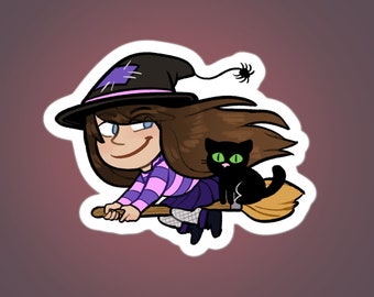 Halloween witch and cat 3" vinyl sticker