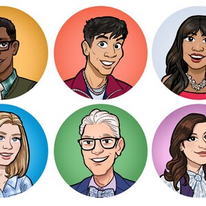 Puede incluir: Seis retratos de dibujos animados de personas con diferentes peinados y ropa. Los retratos están en círculos con diferentes fondos de colores.