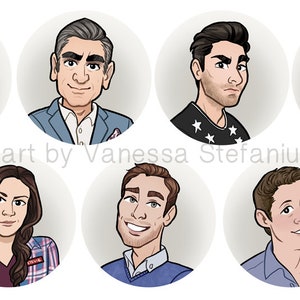 May include: A digital illustration of seven cartoon portraits of people with different hairstyles and clothing. The portraits are in a circle shape with a white background.
