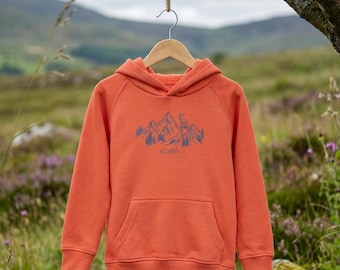 Irish Language Kids Hoodie | Sliabh (Mountain) | Orange Organic Cotton Gaeilge Clothing | Ireland