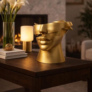 Gold Abstract Face Sculpture – Modern Home Decor – 3D Printed Art – Wall & Table Decoration – Minimalist Luxury Design – Unique Gift
