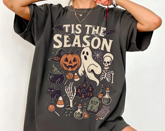 Vintage Halloween Comfort Colors® T Shirt, Retro 'Tis The Season Skeleton Pumpkin Ghost Halloween TShirt, Women's Halloween Shirt