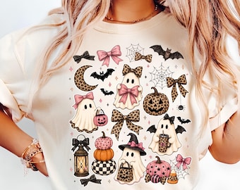 Comfort Colors® Coquette Halloween Shirt, Cute Ghost Pumpkin Shirt, Retro Spooky Season Shirt, Women's Halloween Graphic Tee, Fall Bow Shirt