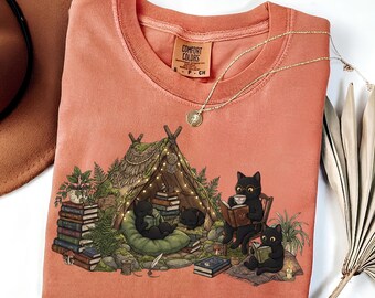 Black Cat Reading Shirt, Book Lover Cat Tee, Cozy Reader Gift For Her, Cat Mom Shirt, Librarian Teacher Bookish Gift