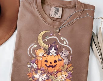 Comfort Colors® Cute Halloween Cat Shirt, Kitten Pumpkin Tee, Vintage Black Cat Shirt, Fall Cat Lover Shirt, Spooky Season Shirt