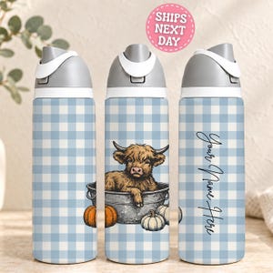 Highland Cow 24oz Owala Inspired Cup, Personalized Farmhouse Tumbler, Fall Pumpkin Water Bottle, Custom Name Jug, Autumn Hydration Vessel