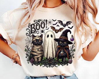 Comfort Colors® Cute Halloween Cat Shirt, Spooky Black Cat Shirt, Funny Ghost Cat Shirt, Witch Cat Shirt, Cat Mom Gift, Halloween Cat Squad