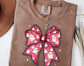 Comfort Colors Halloween Shirt Halloween Spooky Shirt Fall Shirt Pink Girly Bows Halloween Tee Cute Ghost Shirt Halloween Gift