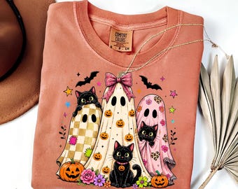 Comfort Colors® Halloween Black Cat & Ghost Comfort Colors Shirt, Halloween Ghost Tshirt, Spooky Season Cat Tee, Halloween Pumpkin Shirt