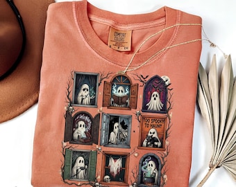 Cute Ghost Window Graphic Tee, Cozy Halloween Spooky Season Comfort Colors T-Shirt Fall Gift for Ghost Lovers