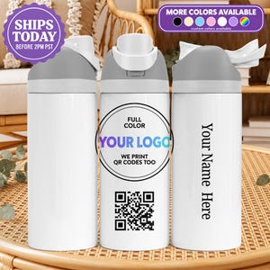 May include: Three white cylindrical water bottles with gray flip-top lids. The center bottle features a circular graphic with the text FULL COLOR YOUR LOGO WE PRINT QR CODES TOO and a black QR code. The right bottle displays the text Your Name Here.