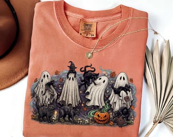 Comfort Colors® Ghost And Cat T-Shirt, Halloween Ghost Shirt, Halloween Cat Shirt, Cat Lower Halloween Gift, Spooky Season Cat Shirt