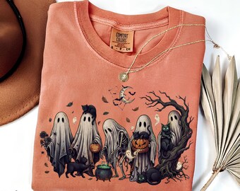 Comfort Colors® Halloween Black Cat & Ghost Comfort Colors Shirt, Halloween Ghost Tshirt, Spooky Season Cat Tee, Halloween Gift