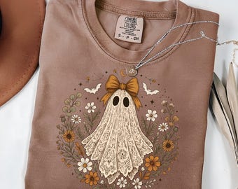 Ghost Fall Comfort Colors® Shirt Floral Boho Cozy Season Pumpkin T-shirt Autumn Lover TShirt Vintage Ghost With Flowers Thanksgiving Tee