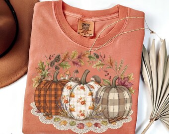 Comfort Colors® Pumpkin Shirt, Boho Fall Pumpkin T-Shirt, Faux Patchwork Pumpkin Tee, Autumn Shirt, Fall Harvest Shirt, Pumpkin Patch Shirt