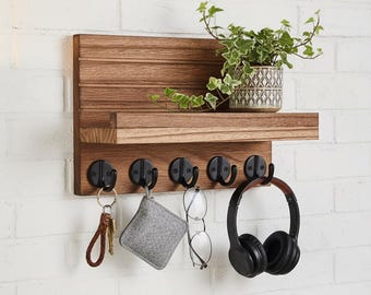 Rustic Wall Mounted Key Organizer Shelf Hooks Wooden Mail Sorter Entryway Storage Bags Coats Farmhouse Paulownia Hanging Unit