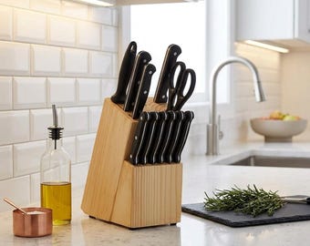14-Piece Black High-Carbon Stainless Steel Knife Set, Pinewood Block, Steak Knives, Scissors, Sharpener